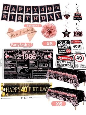 Happy 40th Birthday 1986 Rose Gold Pink Party Decorations Banner Lot Bundle NEW